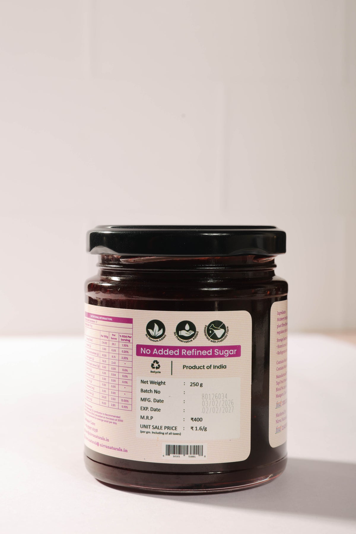 Nirva Naturals No Sugar Mixed Berry Fruit Jam | 100% Natural | No Added Sugar | No Added Flavours & Preservatives | For Kids & Adults